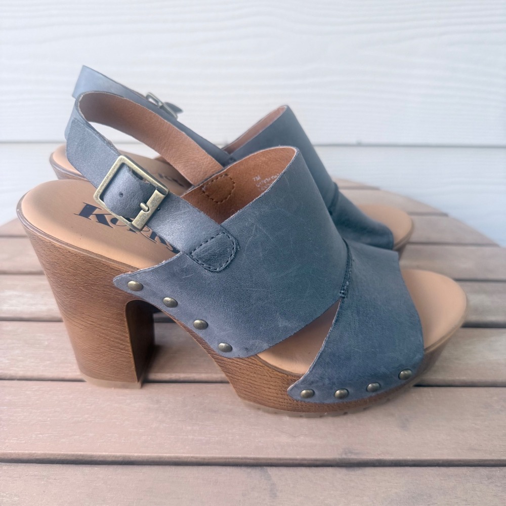 Korks Womens Leather Platform Slingback Sandals Blue Gray Block Heel KHCTJ19 7M